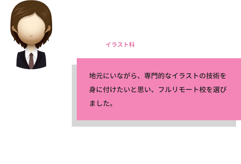 K.Oさん / 学年：2年生　前履歴/現職業：家業に従事 / 将来の目標：ゲーム会社へ就職 / 受講課程：NFTイラスト科 / 地元にいながら、専門的なイラストの技術を身に付けたいと思い、フルリモート校を選びました。