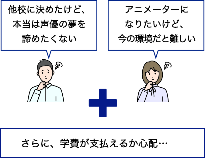 「他校に決めたけど、本当は声優の夢を諦めたくない」「アニメーターになりたいけど、今の環境だと難しい」「さらに、学費が支払えるか心配…」